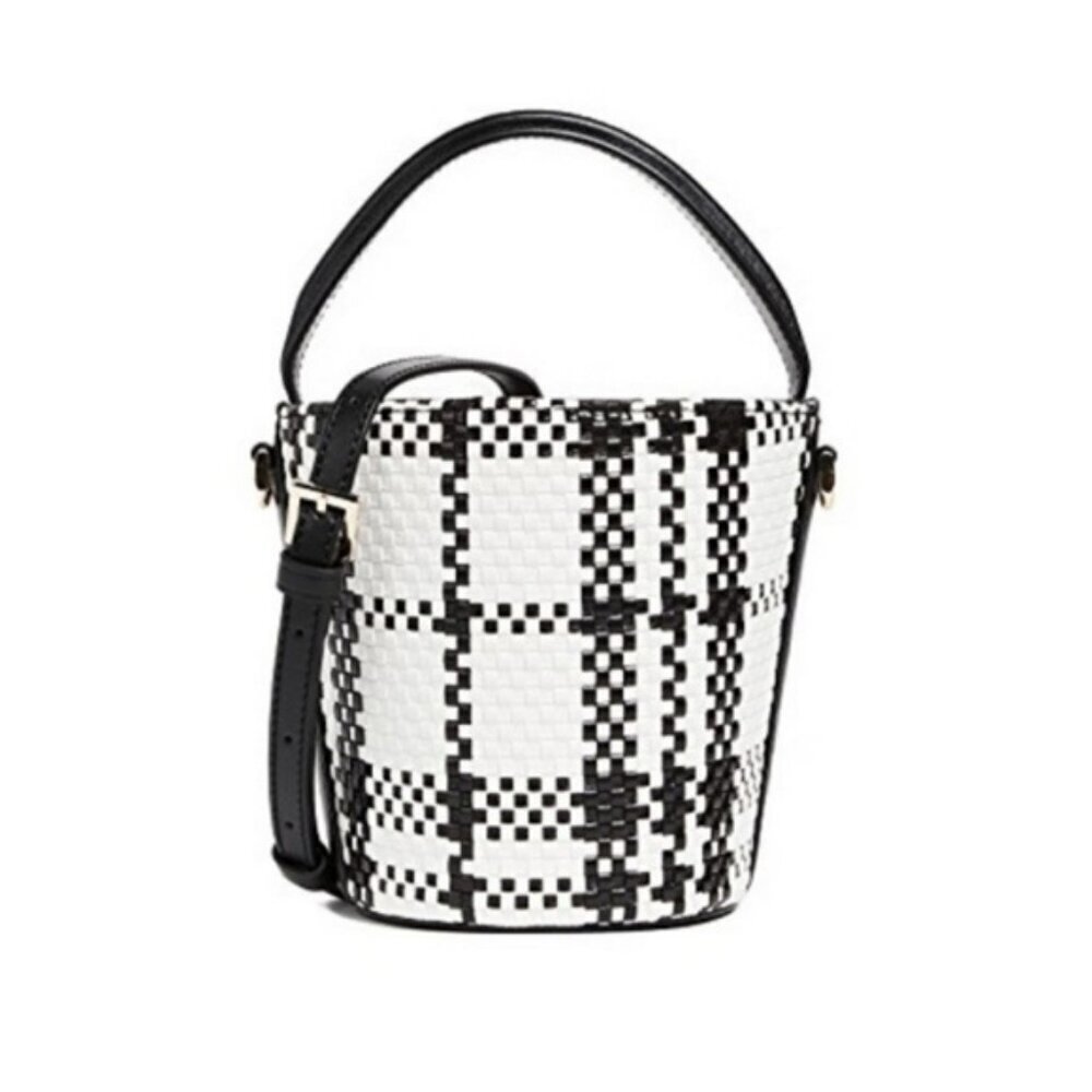Cafuné Mini Woven Leather Bucket Hand Bag Basket Hobo Modern Plaid Preppy Purse